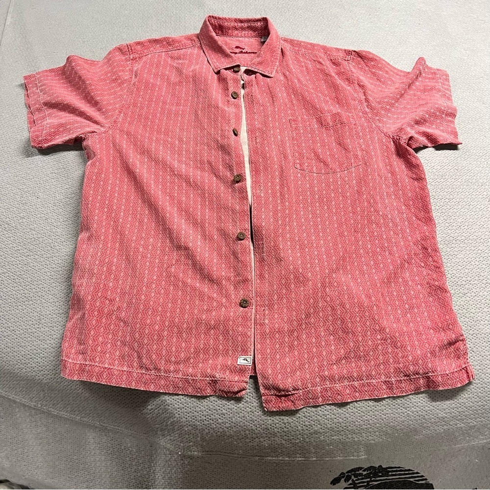 Tommy Bahama Red Patterned Short Sleeve Button Down Casual 100% Silk Shirt XL